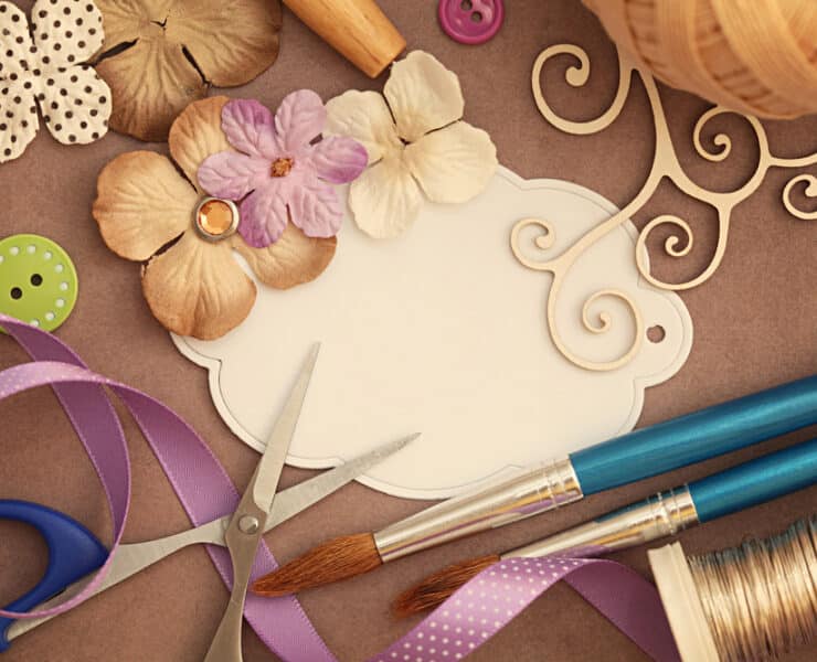 fabric, paintbrushes and crafts