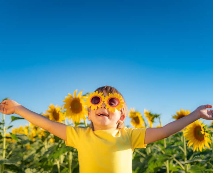 child in a sunflower field on a sunny day