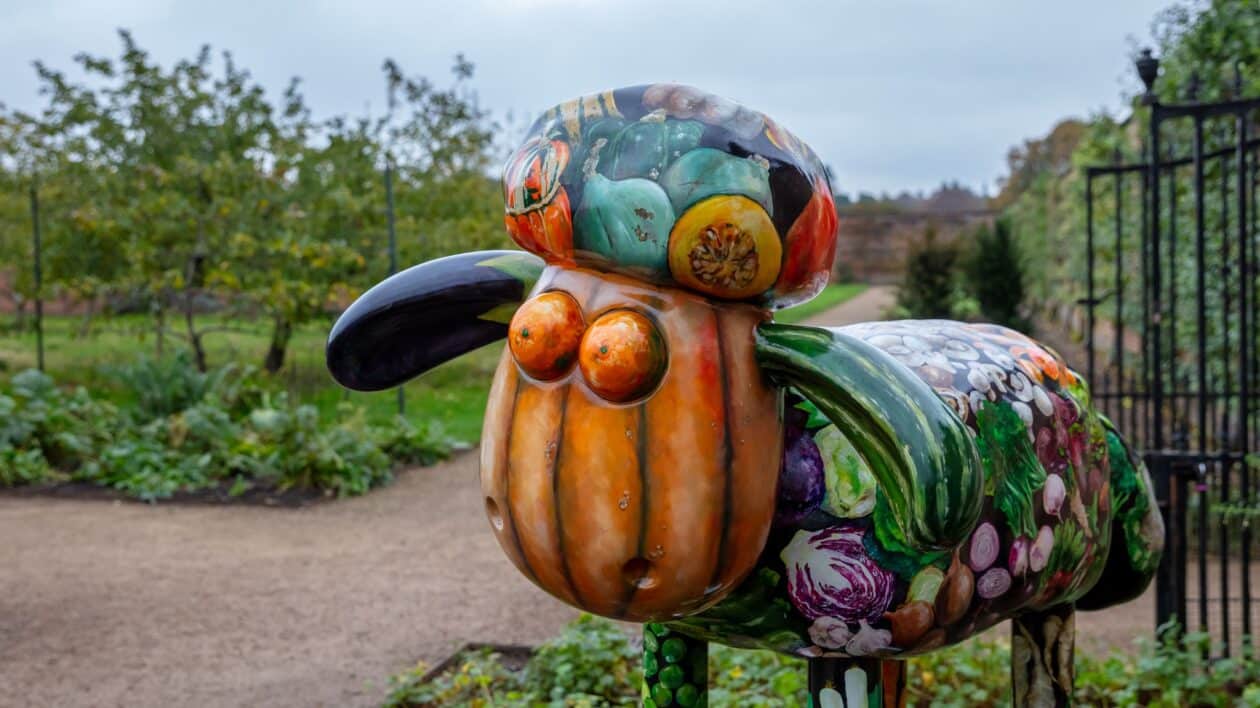 shaun the sheep sculpture painted with vegetables