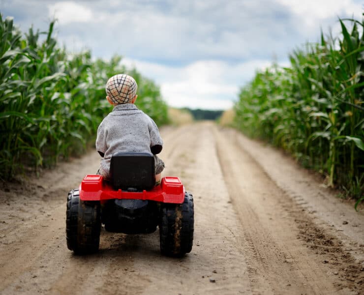 little boy on a mini tractor