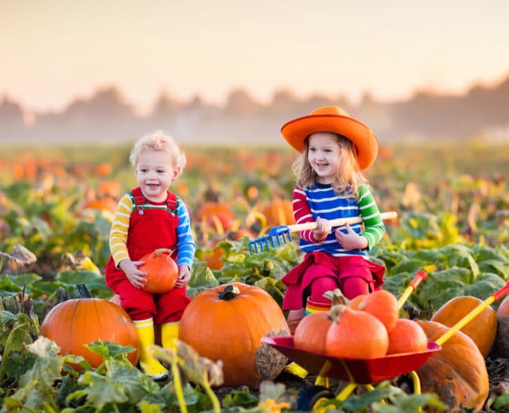two kids dressed up in a pumpkin patch