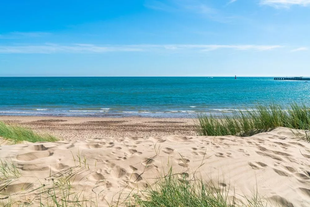a sandy beach on a sunny day