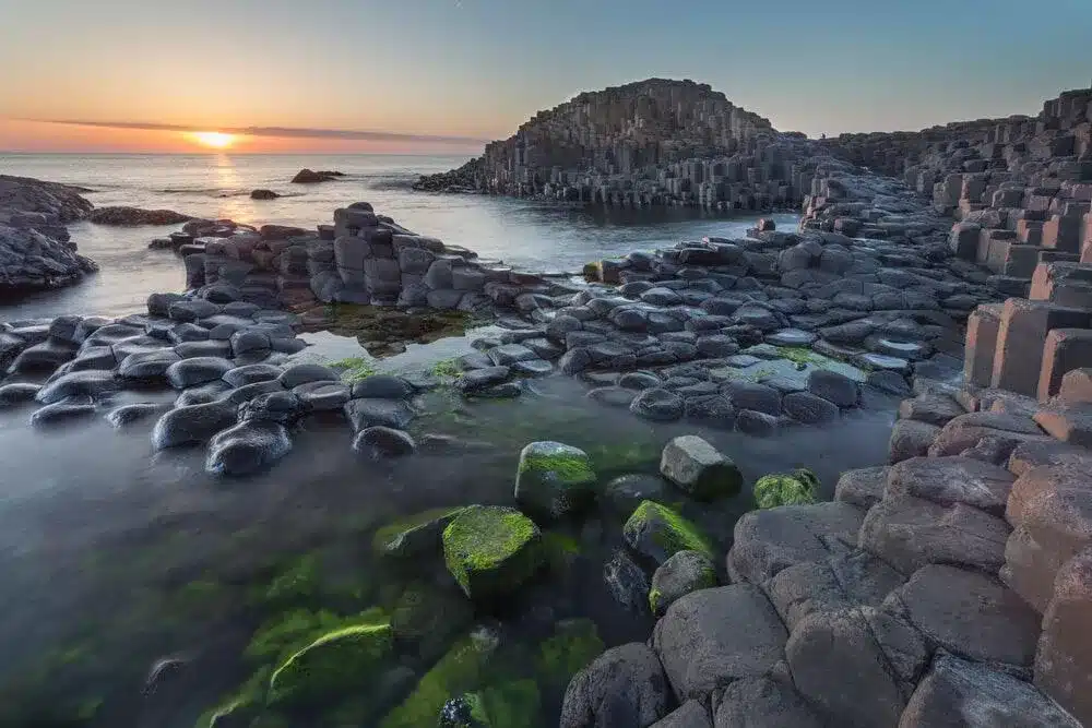 sunset picture of giants causeway in Northern Ireland