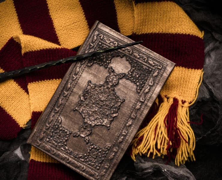 Harry potter scarf, wand, spell book