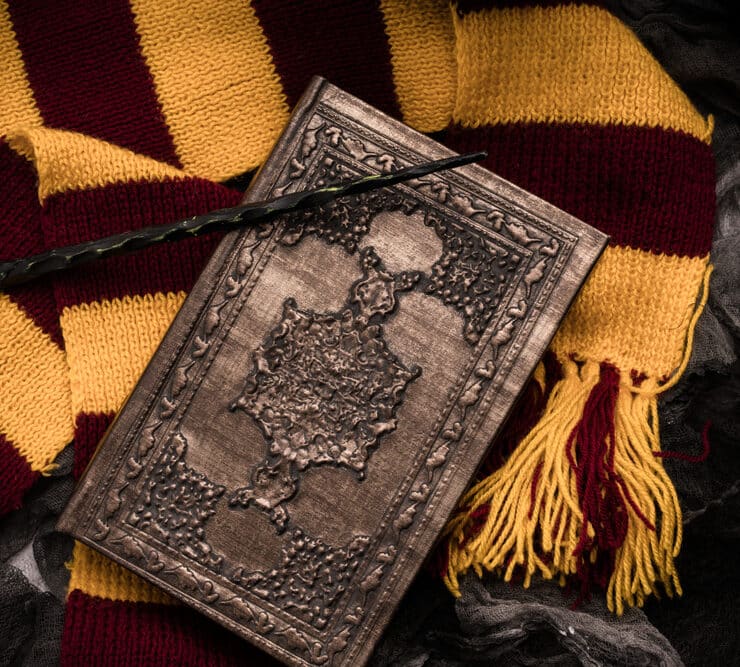 Harry potter scarf, wand, spell book