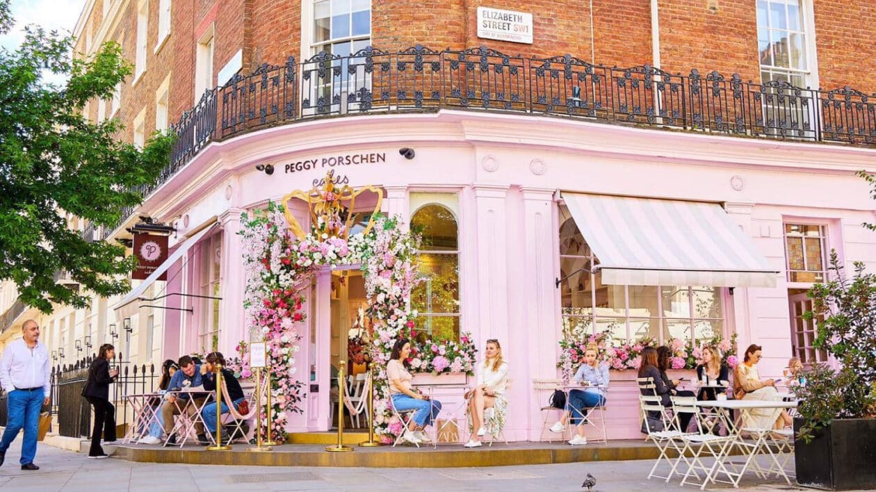 the outside of peggy porschen restaurant. Pink, full of flowers and pretty