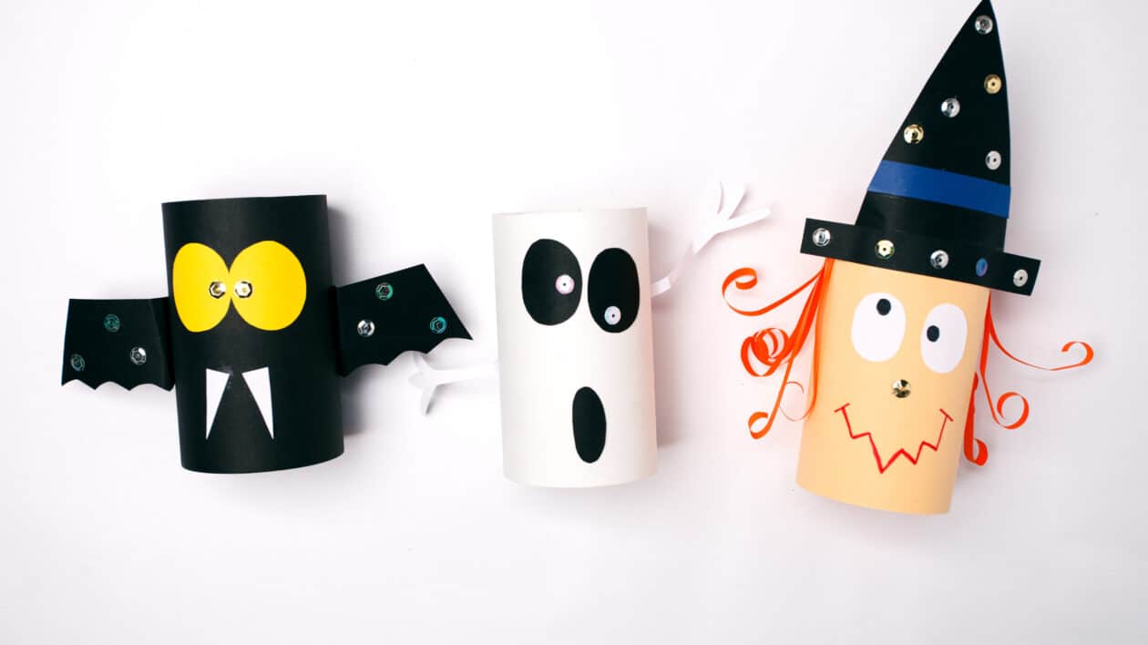 Halloween paper roll witch, black bat and white ghost