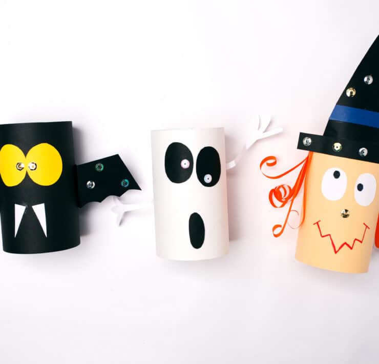 Halloween paper roll witch, black bat and white ghost