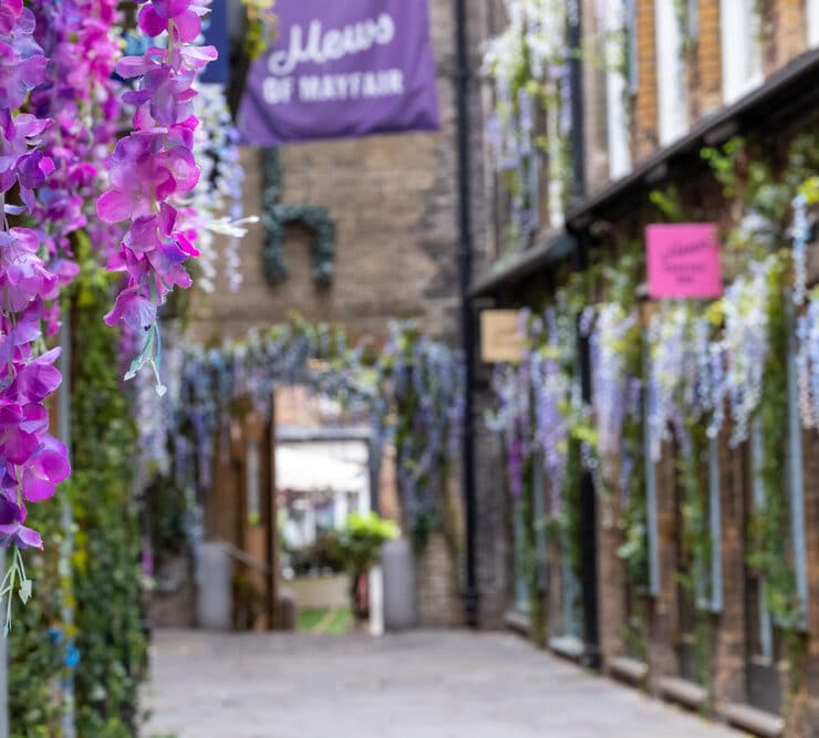 floral displays outside restaurants in Mayfair