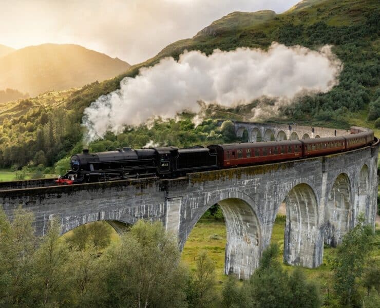 steam train travelling over a bridge in the countryside