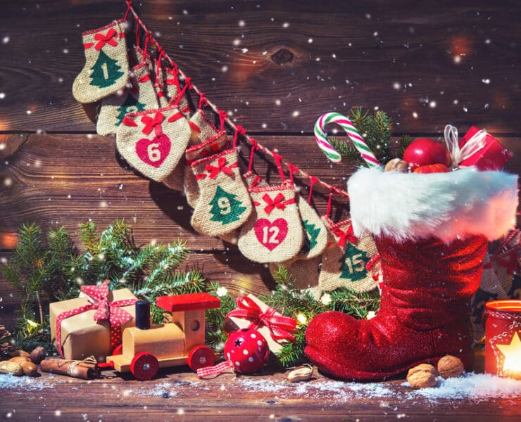 christmas stockings and snow falling