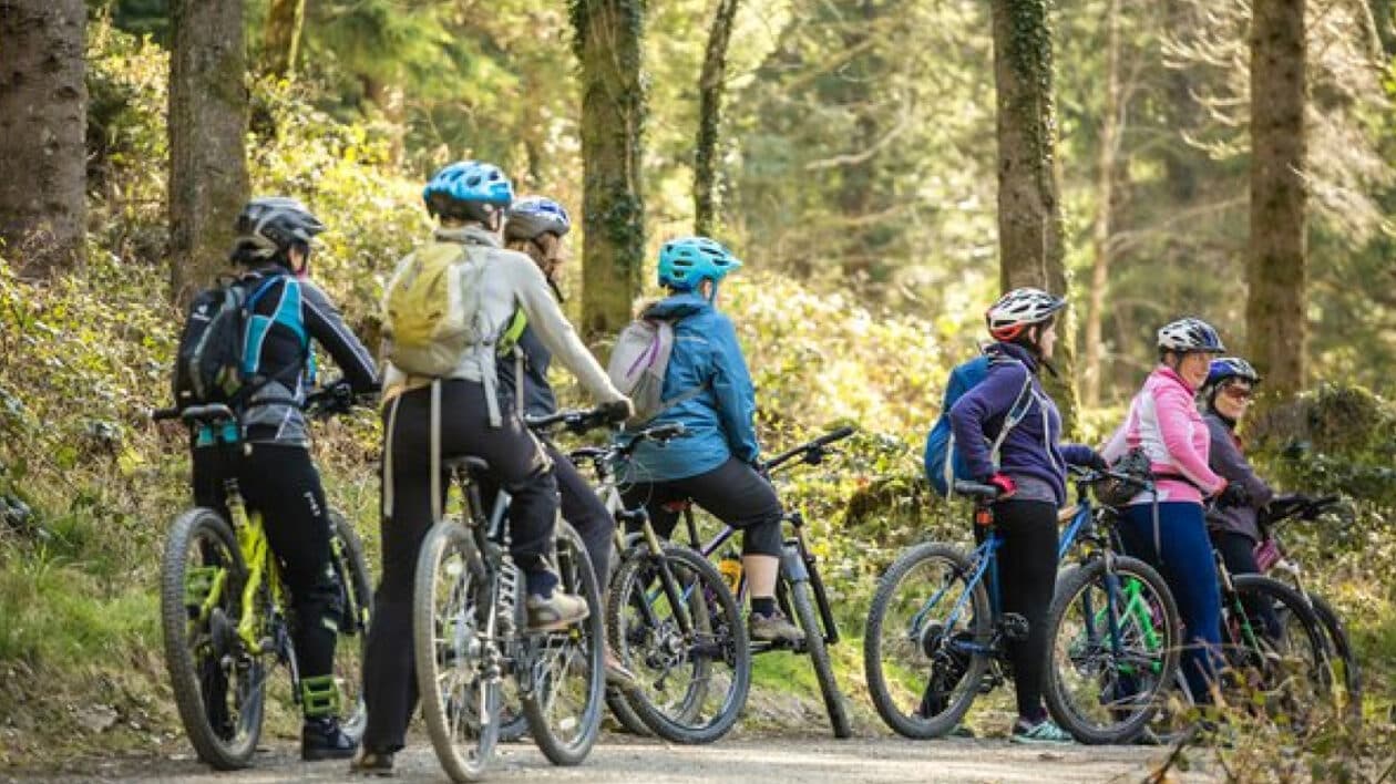 group of cyclists in dalby forest