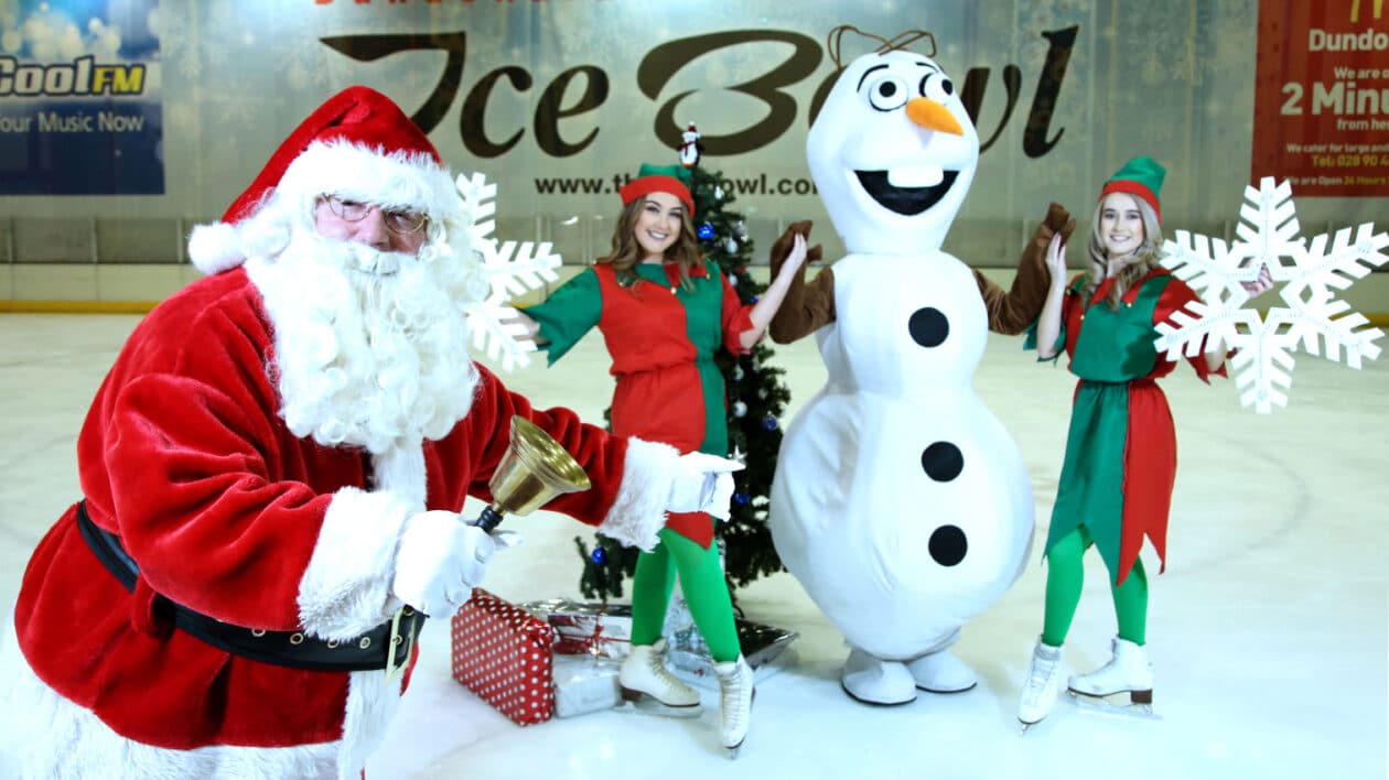 santa, olaf and elves on the skate rink