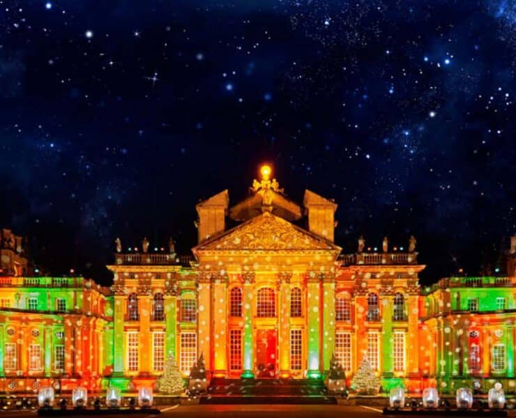Blenheim Palace lit up by illuminations at Christmas time