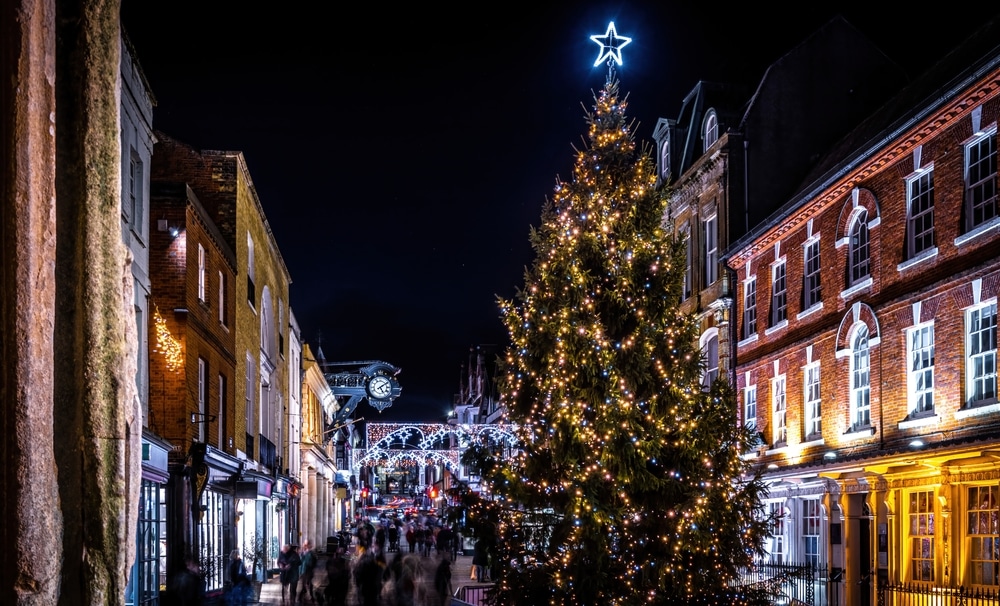 Winchester high street at night with christmas tree and decorations