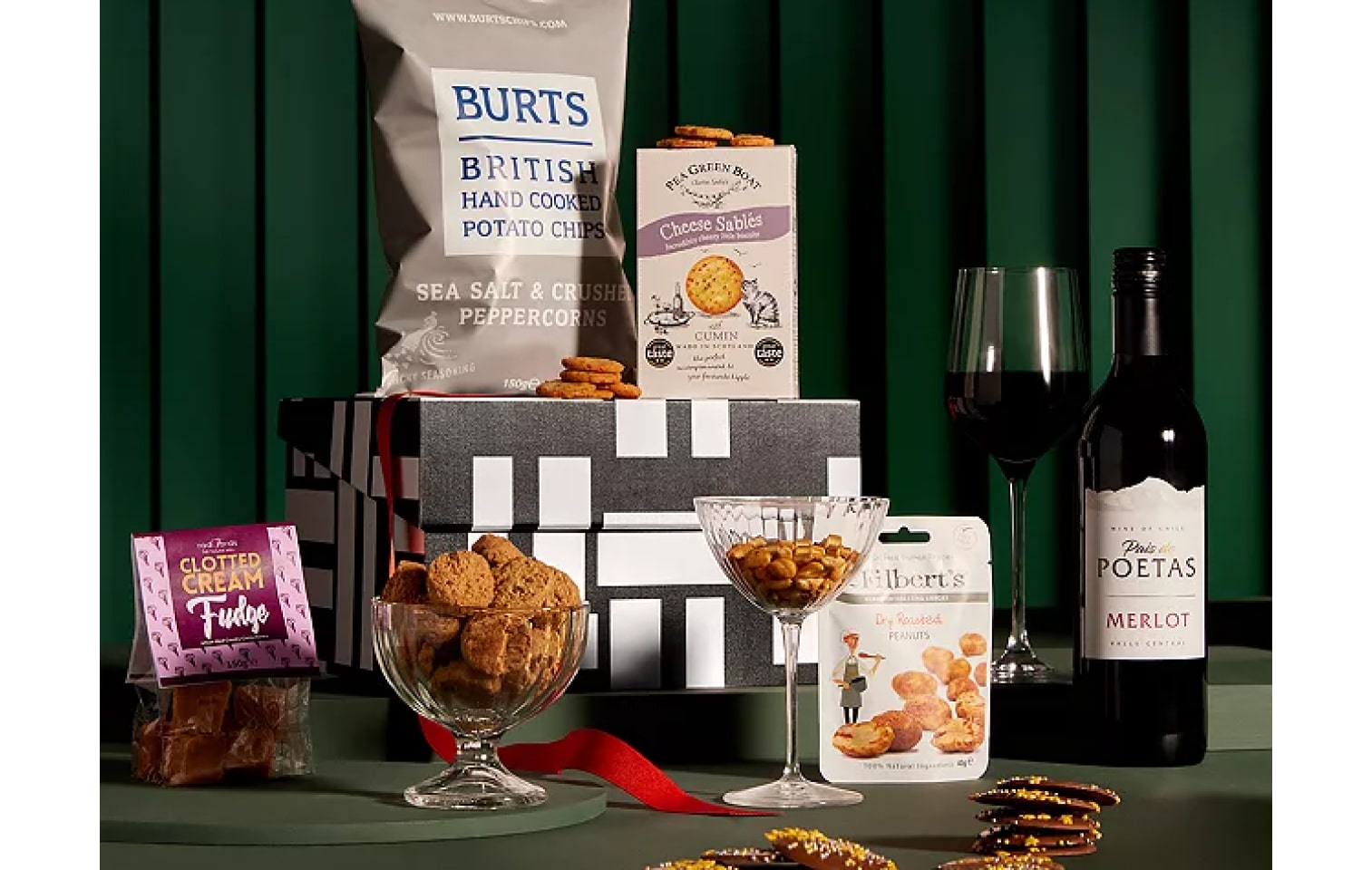 red wine hamper box from john lewis with savoury treats