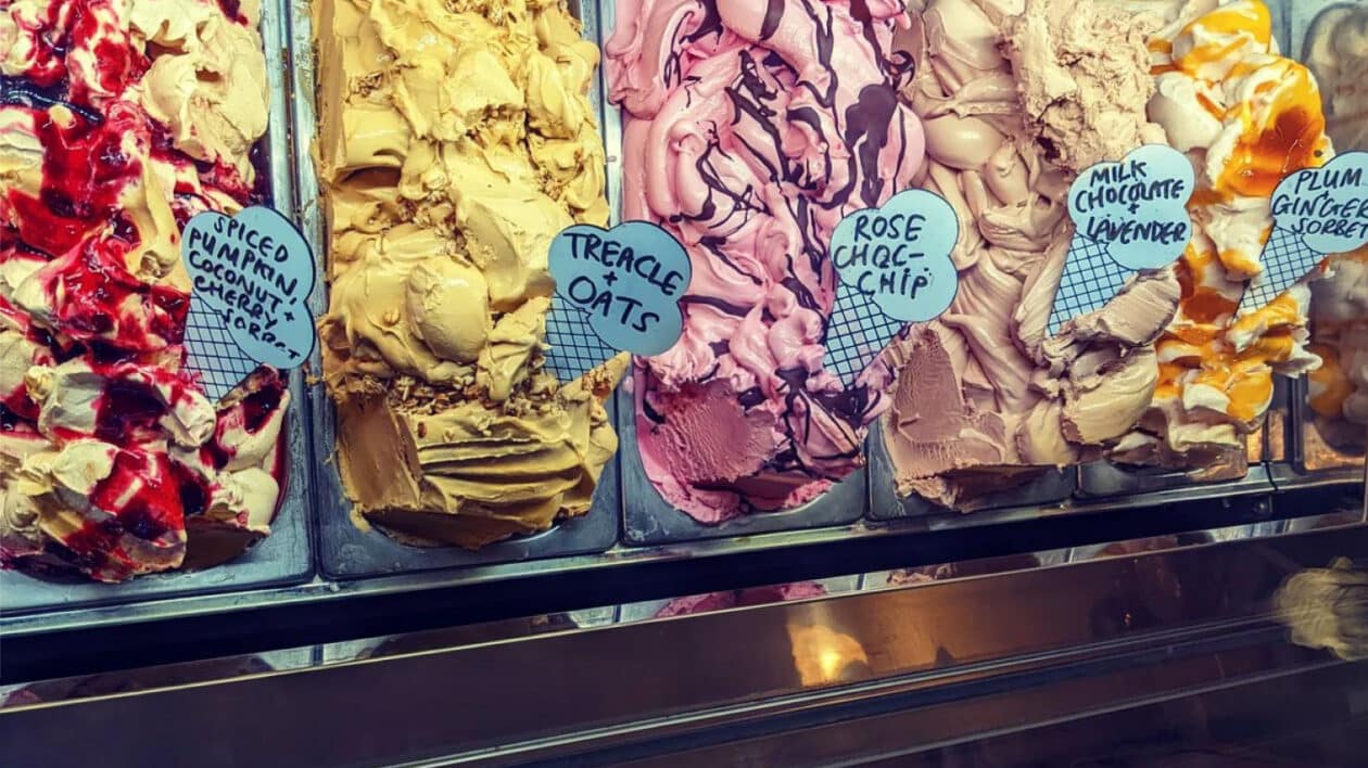 unique flavours of gelato in a glass case