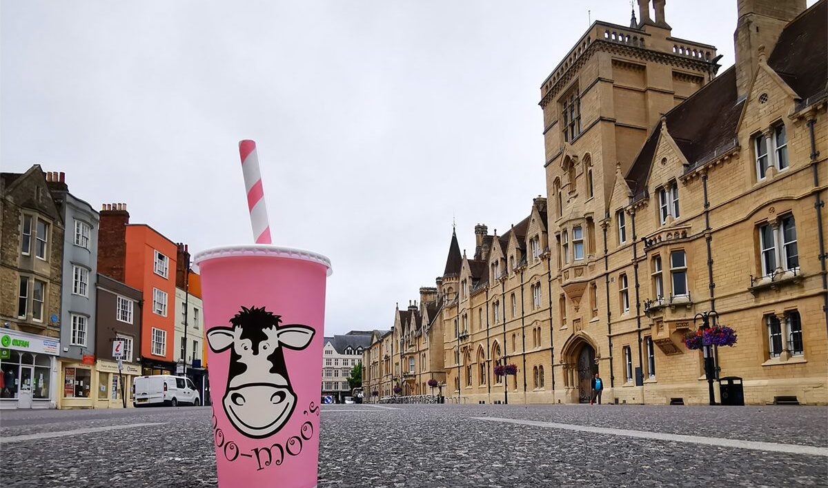 a moo moos milkshake cup on the streets of oxford