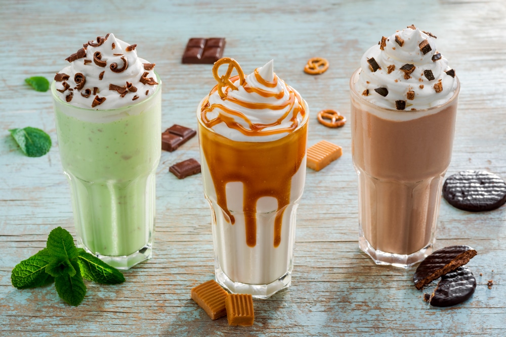 3 types of milkshake, mint, caramel and oreo chocolate biscuit