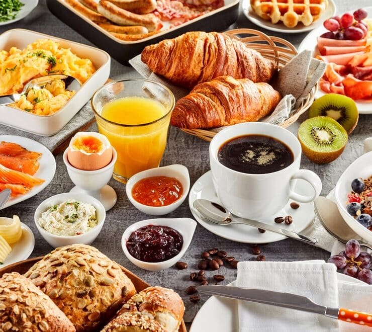 a selection of breakfast dishes