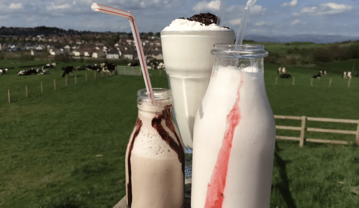 fresh milkshakes in milk bottles. Strawberry, chocolate and vanilla