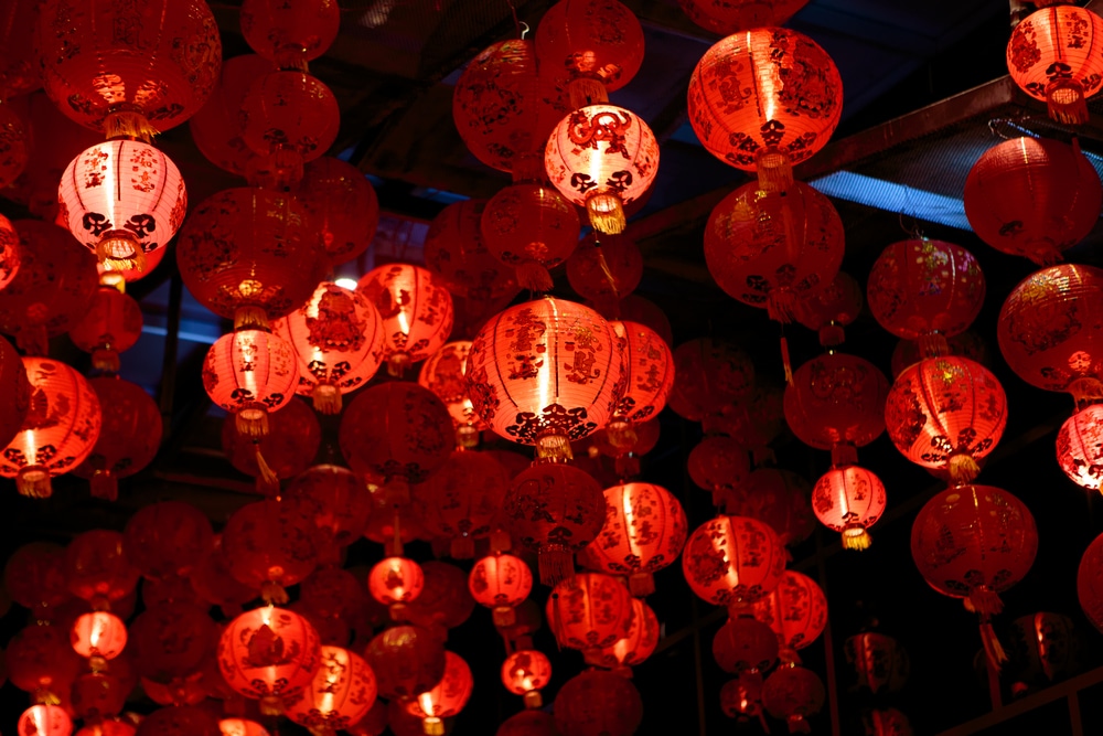 red chinese lanterns lit up