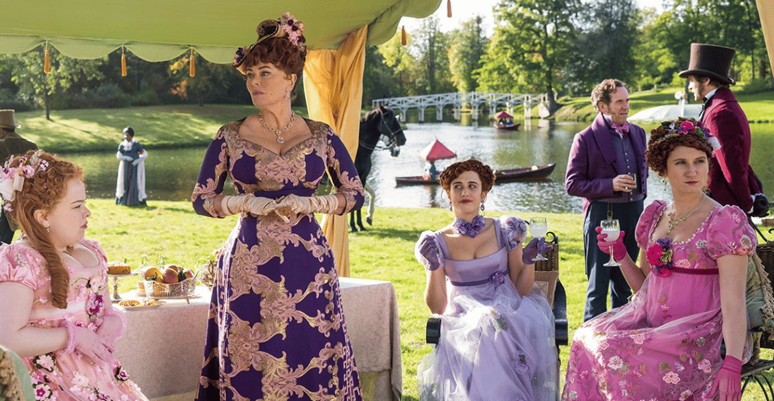 a scene from bridgerton of the characters in painshill park