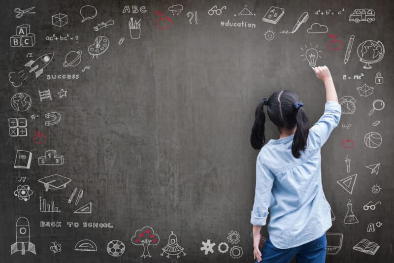 girl writing on a chalkboard with inspirational drawings
