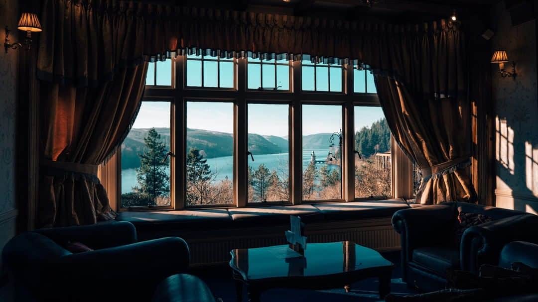 lakeside view from inside the restaurant at Lake vyrnwy Hotel