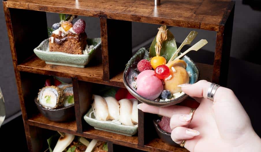robun afternoon tea with sushi, ice cream, and sashimi