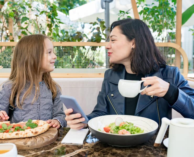 mother and daughter at a restaurant