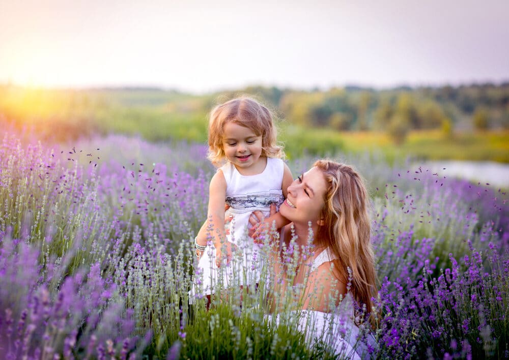 mother and daughter in lavender fields
