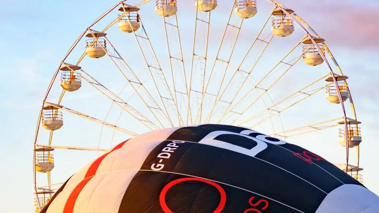 ferris wheel behind hot air balloon