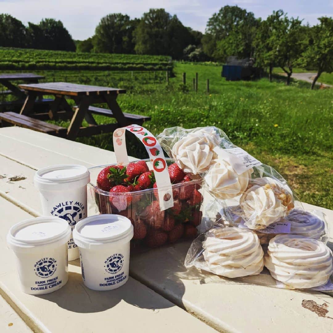 basket of strawberries, pots of double cream, and packs of meringues on an outdoor table in the middle of a field at Stanley Farm