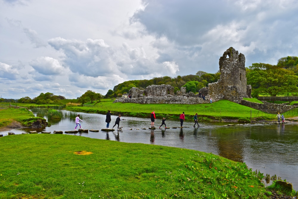 family exploring castle ruins