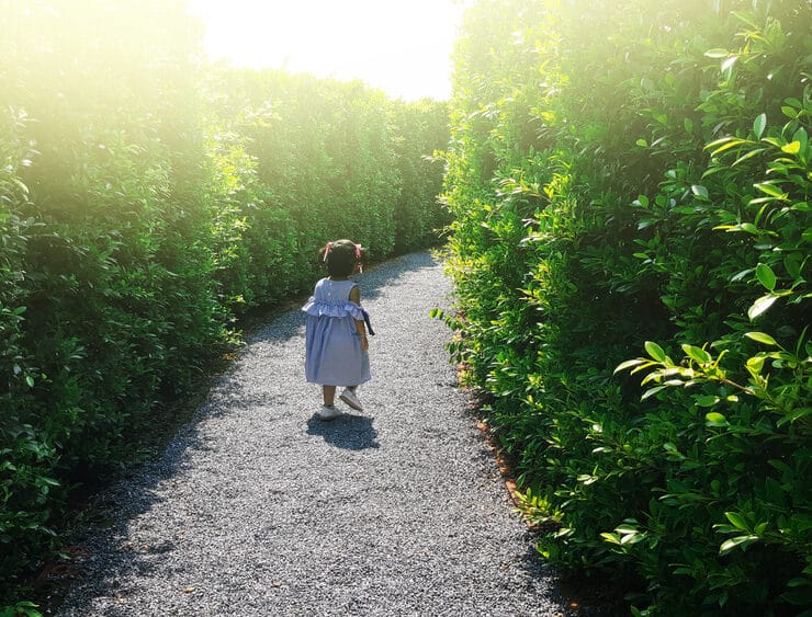 little girl walking through maze