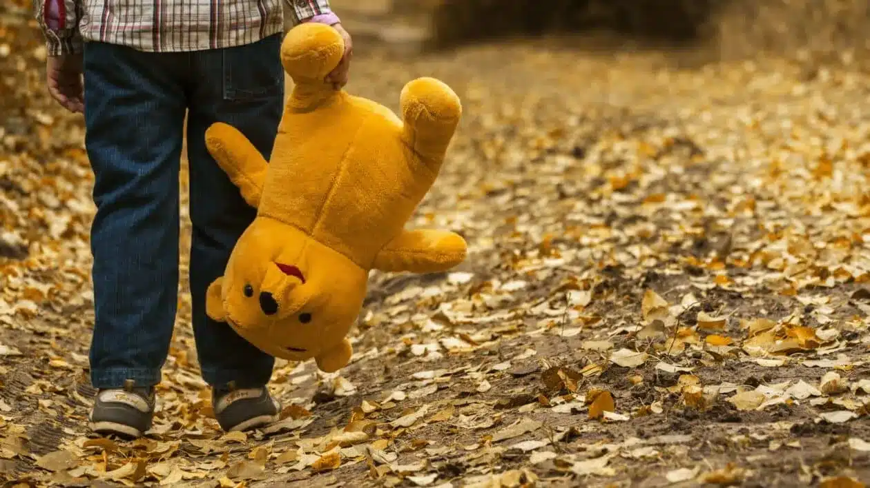 child holding a Winnie the Pooh teddy walking in the forest