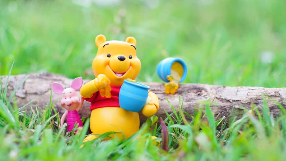 Winnie the Pooh and piglet eating honey in the grass