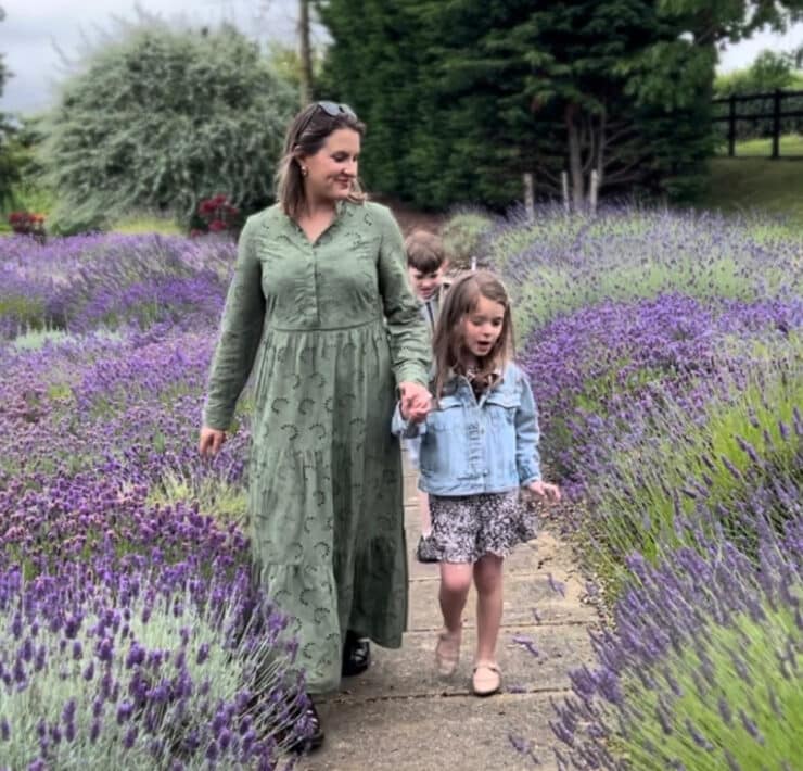 mum and daughter wearing river island clothes in a lavender field