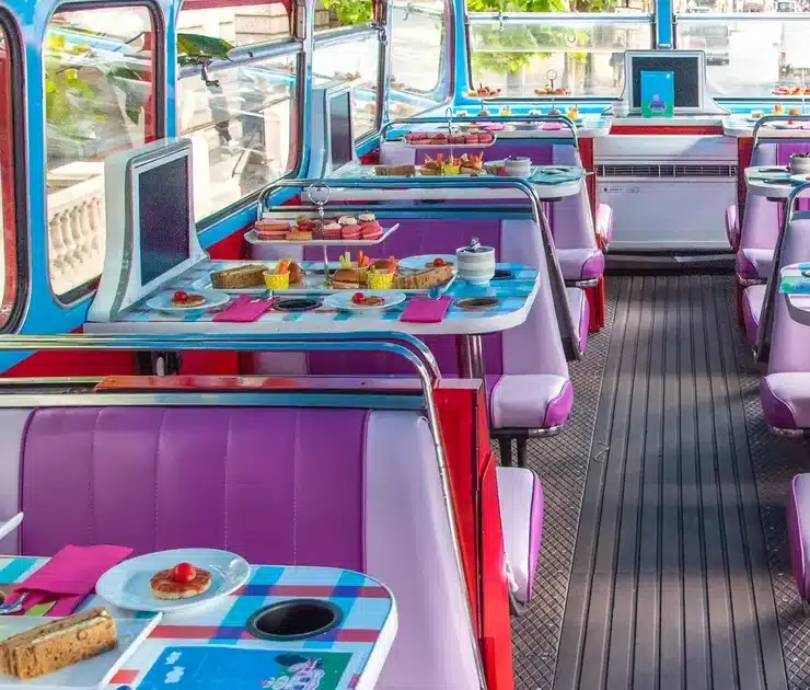 benches and tables with an afternoon tea spread