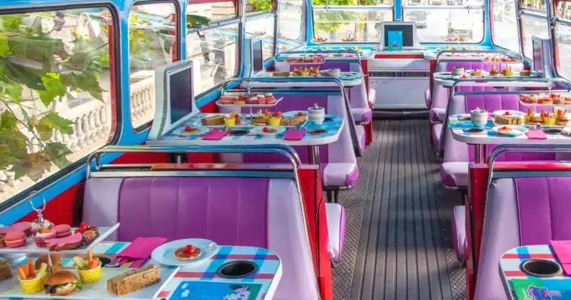 benches and tables with an afternoon tea spread