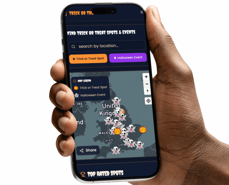 Interactive map showing Halloween trick-or-treat locations with custom pins and real-time check-ins