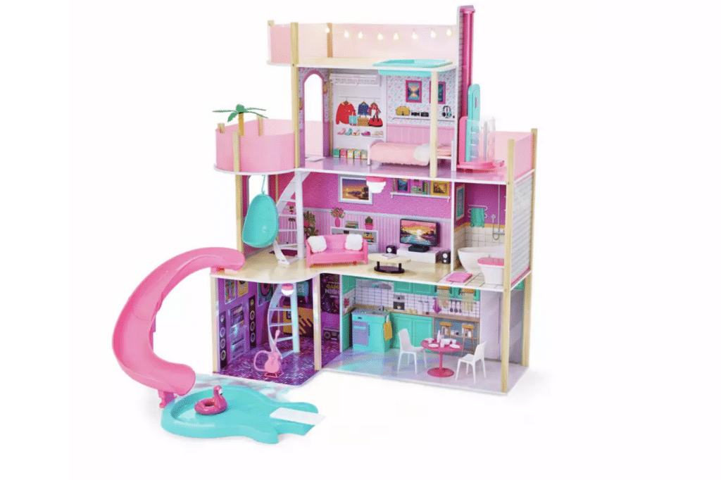 A Jupiter Workshops Four Storey Wooden Doll House, a detailed and classic wooden toy for imaginative play.
