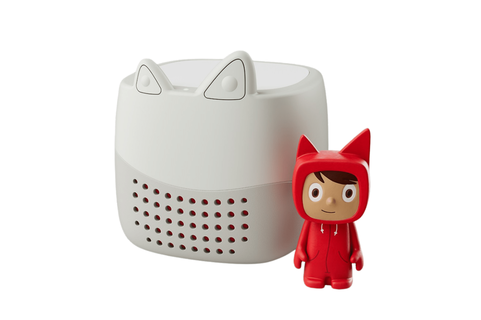 A white Tonies Lite portable audio player, designed for children to listen to stories and songs with Tonies figures.