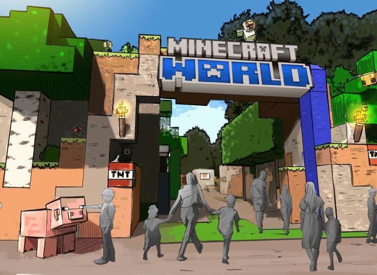 An artist's concept drawing shows families walking through a themed entrance to a Minecraft World attraction featuring