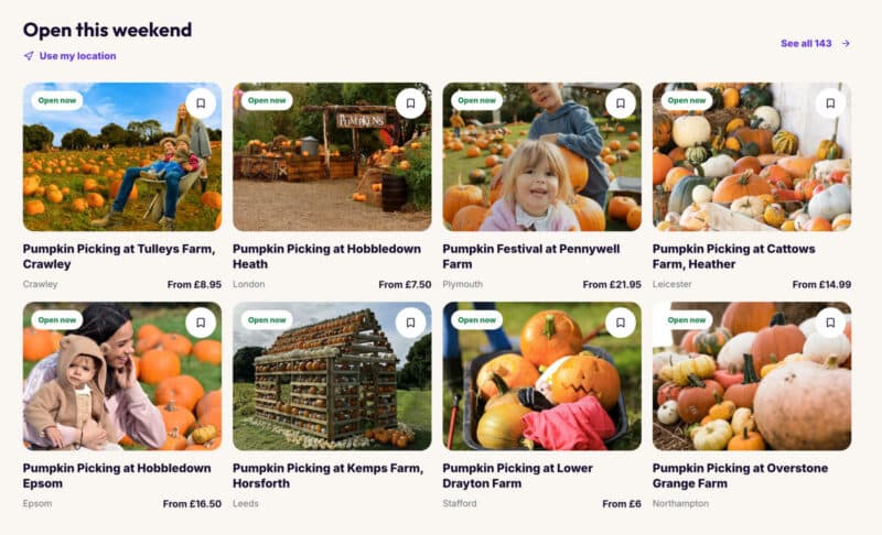 A website interface displays various pumpkin picking event listings at farms across England for the upcoming weekend