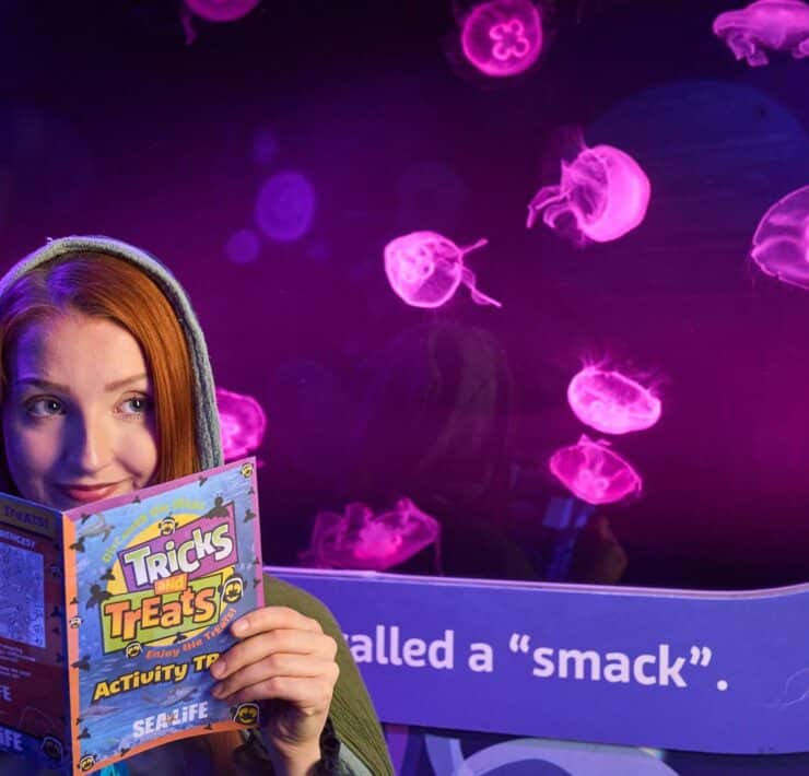 A woman with red hair reads a SEA LIFE activity booklet in front of a tank filled with glowing pink moon jellyfish