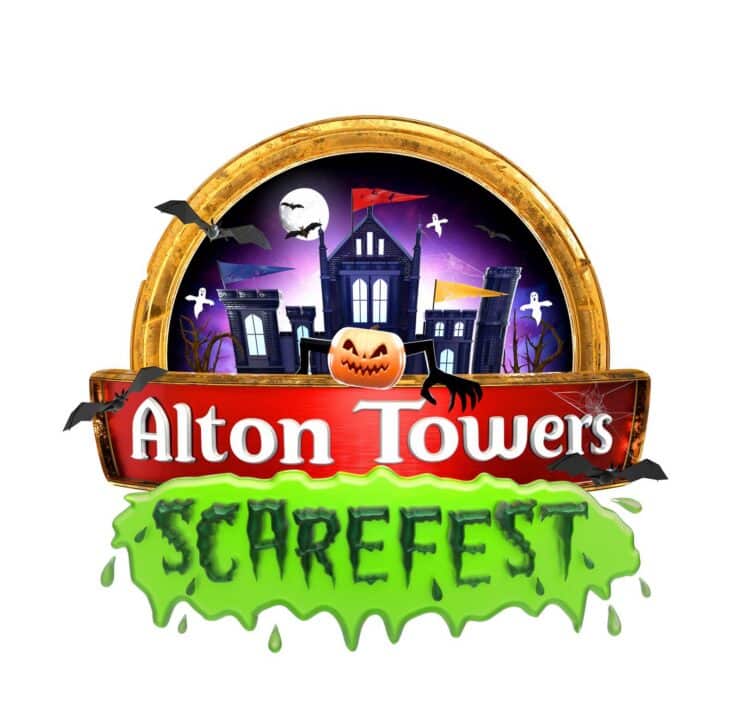 An official logo for the Alton Towers Scarefest event, featuring a haunted house, pumpkin, and bats against a purple night