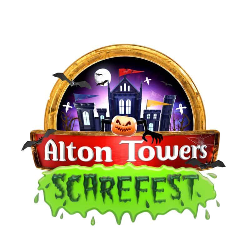 An official logo for the Alton Towers Scarefest event, featuring a haunted house, pumpkin, and bats against a purple night